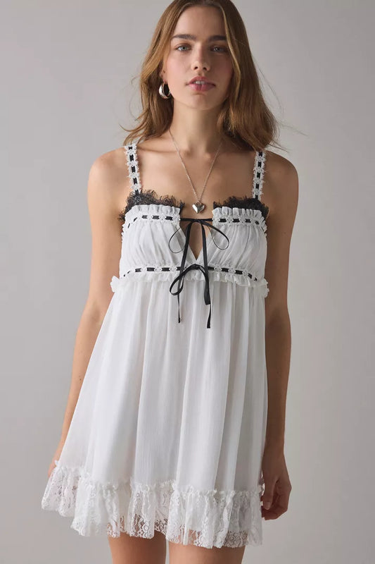 Kimchi Blue Adelaide Lace + Ribbon Trim Babydoll Mini Dress